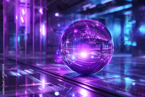 A purple ball is reflected in a mirror