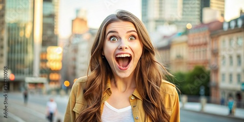 A surprised young woman with a bright smile and open mouth, eyes widening in excitement, wearing a casual photo