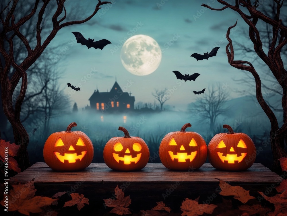 Spooky Halloween scene featuring glowing pumpkins, bats, and a full moon, perfect for autumn-themed decorations. Spooky Halloween scene featuring glowing pumpkins, bats, and a full moon, perfect for autumn-themed decorations.