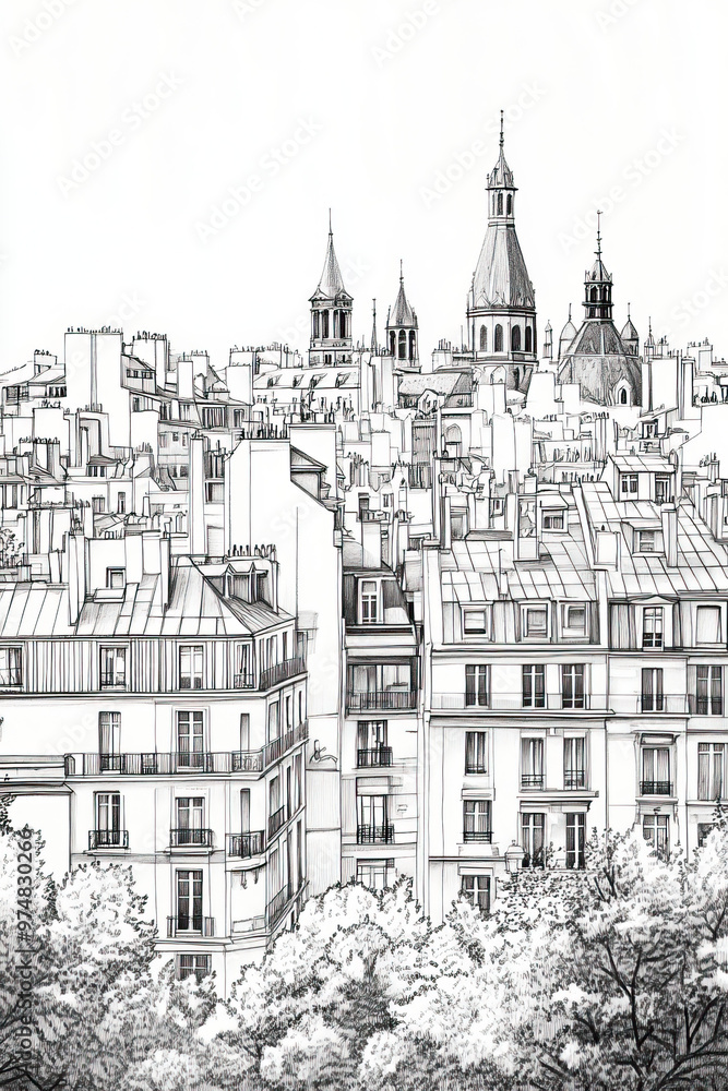 Fototapeta premium Rennes, France, black and white pen pencil hand-drawn effect portrait drawing illustration for travel poster, card, wallpaper, backdrop or banner. Modern, clear, artistic and simple