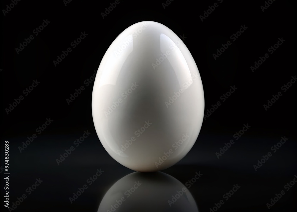 A symmetrical, smooth, and glossy white egg shape stands isolated on a crisp black background, highlighting its curves A symmetrical, smooth, and glossy white egg shape stands isolated on a crisp black background, highlighting its curves