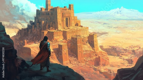 A solitary figure in a hooded cloak stands on a cliff overlooking a massive, ruined city in a desert landscape. photo