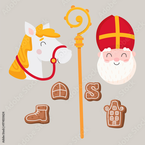 Saint Nicholas or Sinterklaas holiday symbols - vector illustration isolated