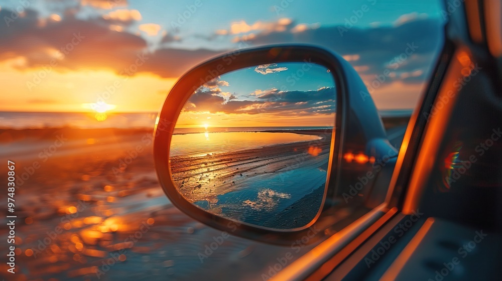 the rear view mirror of a car on the side of the road with the sun reflecting beach. travel concept the rear view mirror of a car on the side of the road with the sun reflecting beach. travel concept