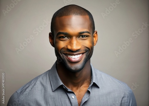 Attractive African American male model in his 30s with a strong jawline, bright smile, and short hair, looking