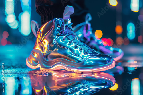 A pair of neon colored shoes with a reflective surface photo