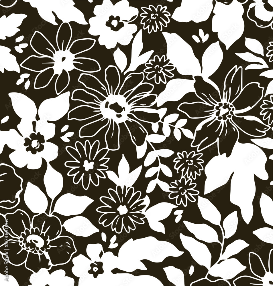 Obraz premium Flowers seamless pattern. vector illustration. Abstract flowers, floral vector with leaves