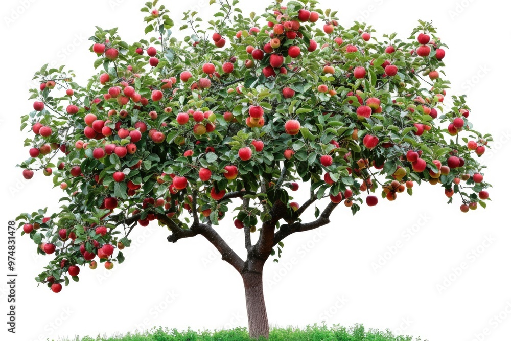A picture of a tree with bright red apples hanging from its branches