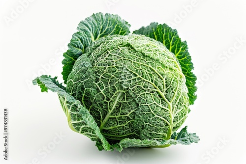 Close-up shot of a head of cabbage on a white surface, perfect for food or nature scenes