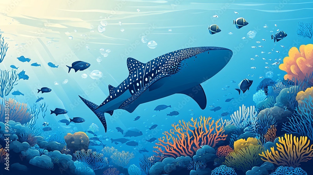 Fototapeta premium A whale shark swims through a vibrant coral reef, surrounded by colorful fish and sunlight shining through the water.