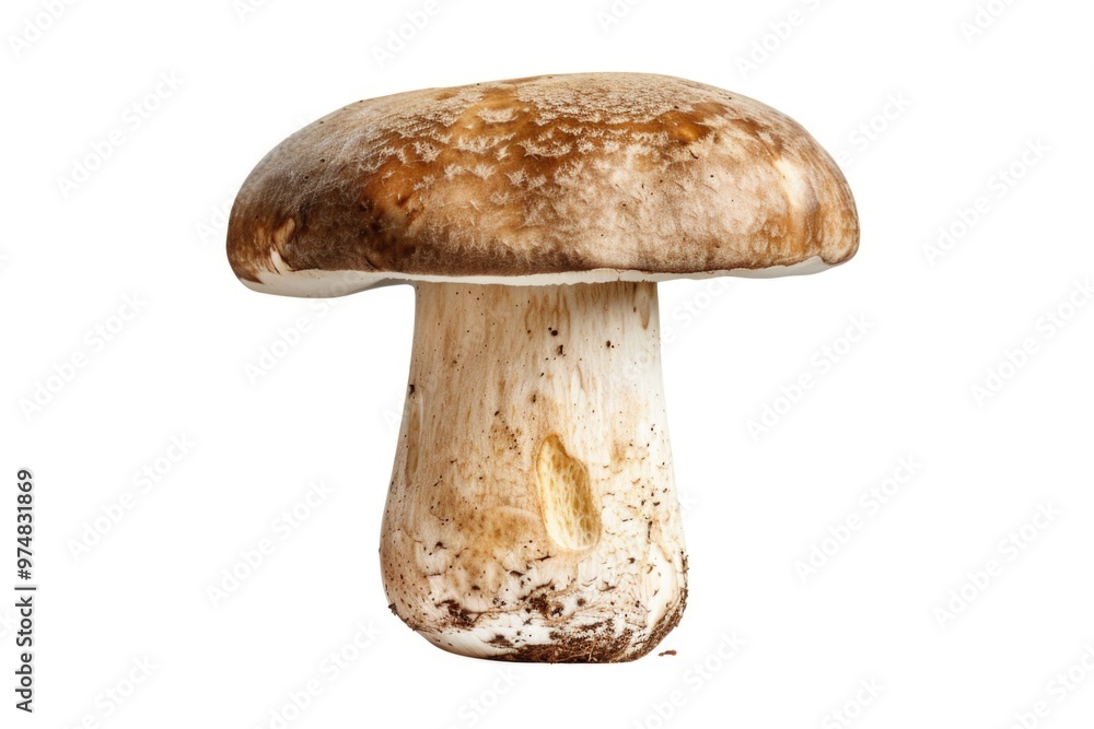 A single mushroom on a plain white surface A single mushroom on a plain white surface