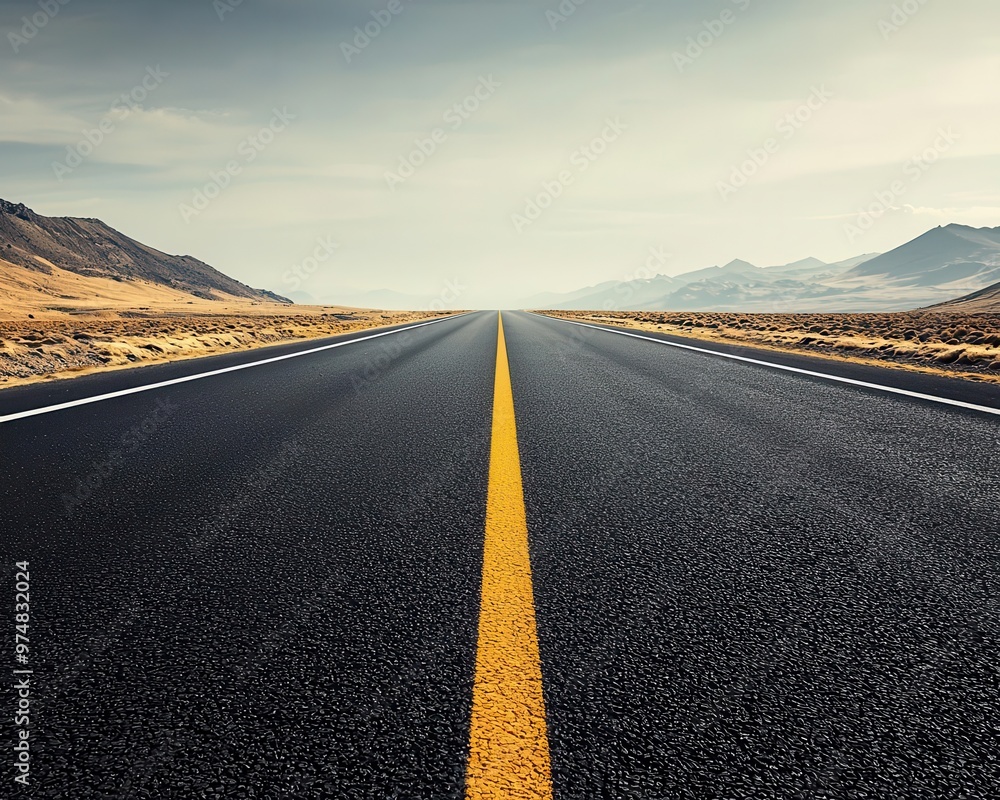 Fototapeta premium A smooth desert highway stretching across the horizon, framed by rocky mountains and a bright sky desert highway, asphalt, smooth surface