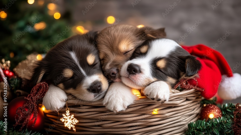 Three adorable puppies nestled together in a festive basket, surrounded by holiday decorations and warm lights. Three adorable puppies nestled together in a festive basket, surrounded by holiday decorations and warm lights.