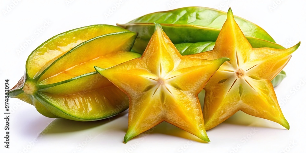 A vibrant and colorful starfruit, also known as carambola, lies sliced open on a white background, showcasing its A vibrant and colorful starfruit, also known as carambola, lies sliced open on a white background, showcasing its