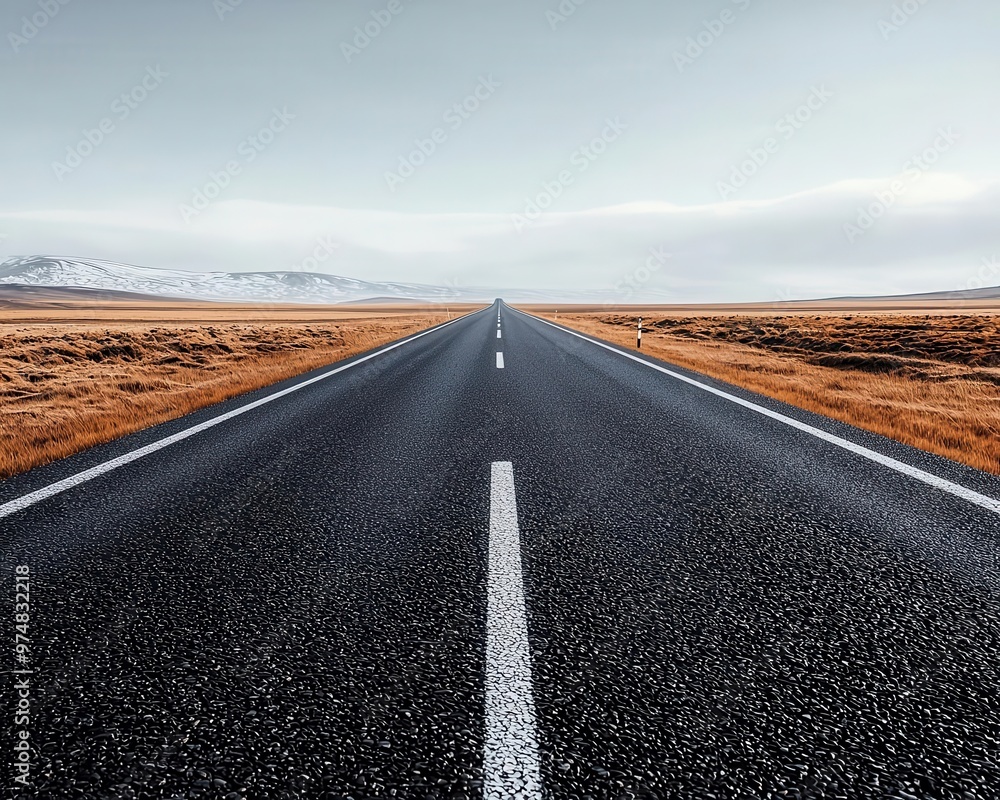 Fototapeta premium A stretch of smooth asphalt road through a flat, open plain, with no cars in sight open road, asphalt, smooth surface