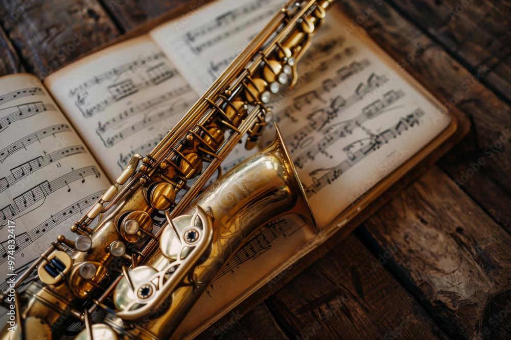 Naklejka premium A saxophone is on top of sheet music