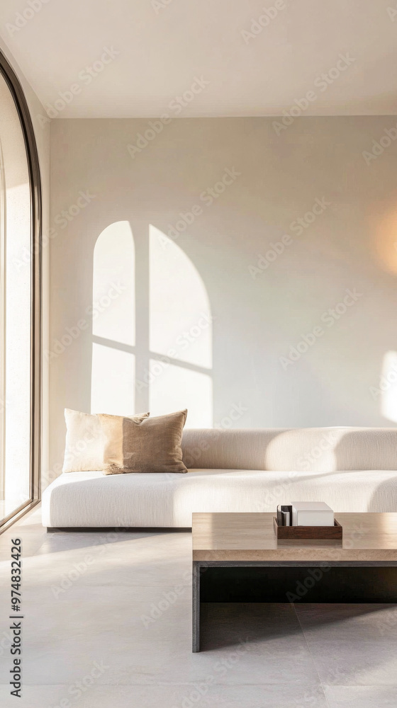 Fototapeta premium Luxurious Mediterranean room interior design with natural lighting, elegant furniture and large windows