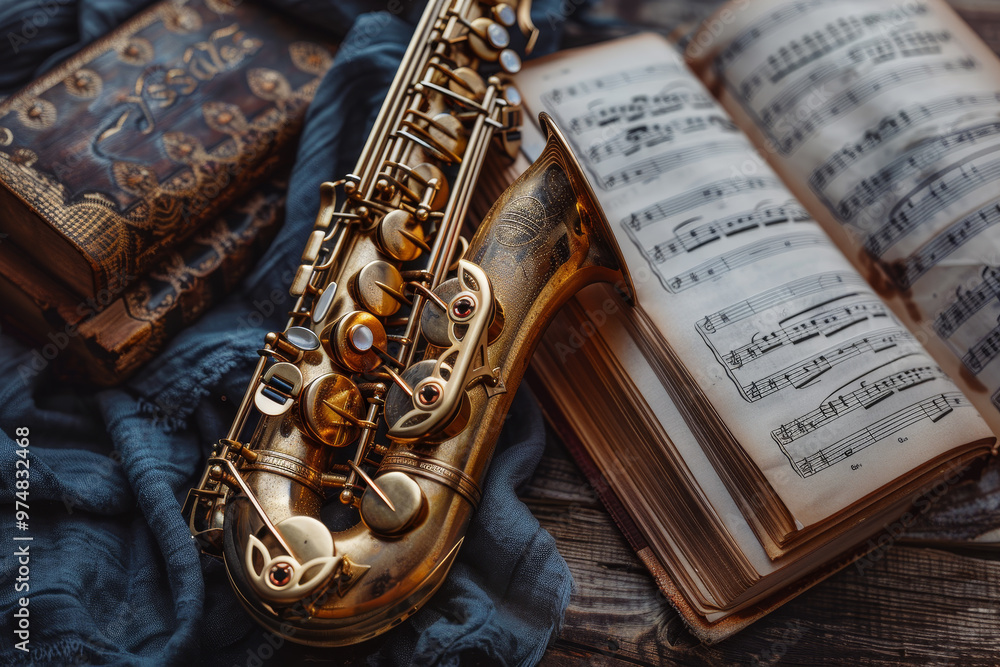 Naklejka premium A saxophone is on top of a book with sheet music