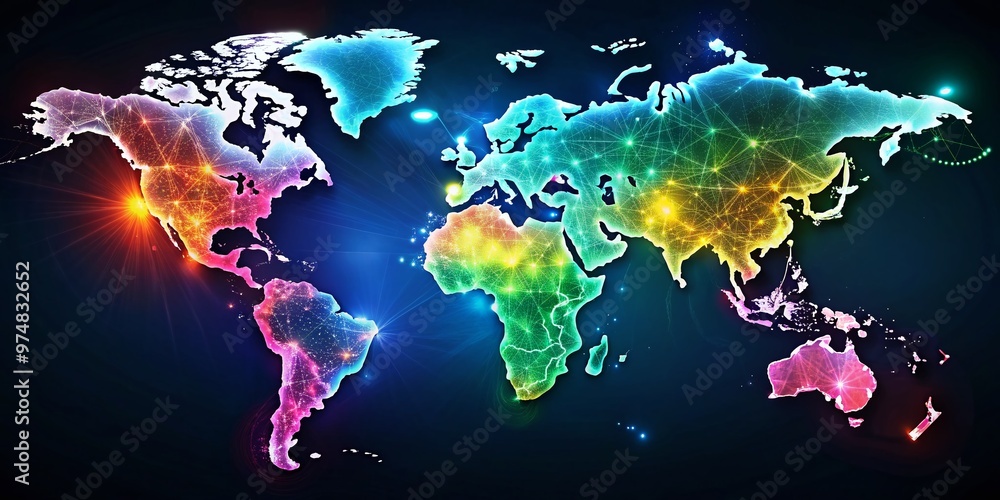 A vibrant, illuminated world map on a dark background, with colorful countries and territories, emphasizing global A vibrant, illuminated world map on a dark background, with colorful countries and territories, emphasizing global