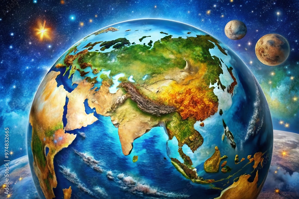 A vibrant, illustrated globe highlights diverse geographical features, including vast oceans, mountain ranges, and A vibrant, illustrated globe highlights diverse geographical features, including vast oceans, mountain ranges, and