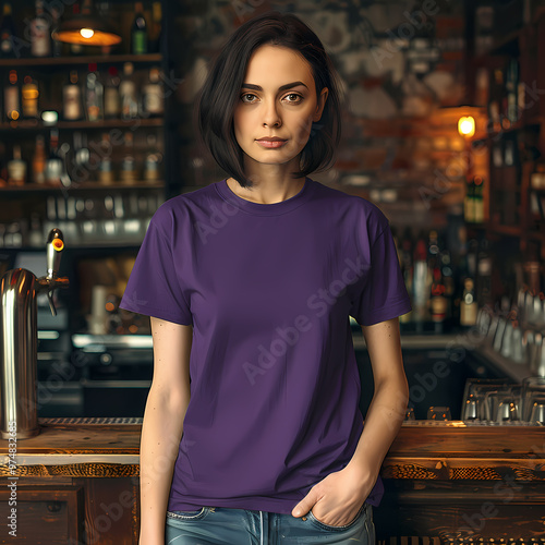 A young Caucasian woman stands confidently in a trendy bar, wearing a purple t-shirt and jeans, creating a stylish and inviting atmosphere.