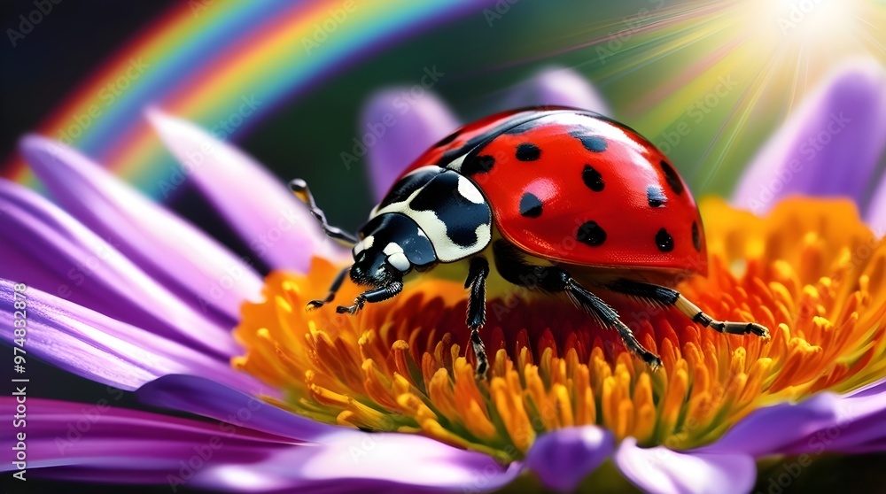 Fototapeta premium hyperrealistic ladybug on a flower with shimmering rainbow background