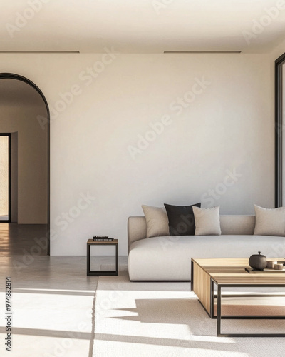 Luxurious Mediterranean room interior design with natural lighting, elegant furniture and large windows