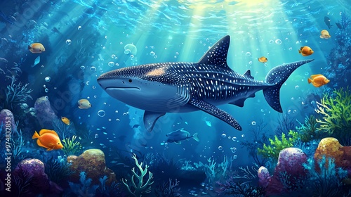 A whale shark swims through a vibrant coral reef with sunlight filtering through the water.