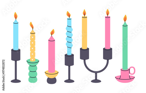 Colorful candles in candlestick. Wax scented candle, cute taper burning candles flat vector illustration set. Aroma multicolored candles on white