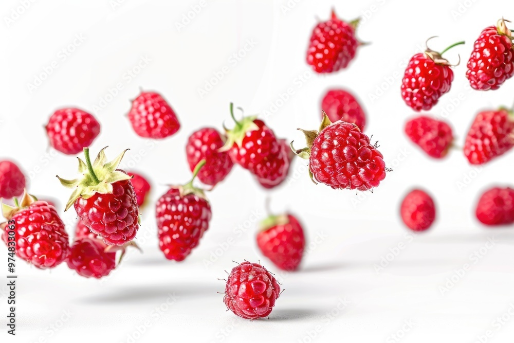 A cluster of raspberries suspended in mid-air, appearing as if they are defying gravity A cluster of raspberries suspended in mid-air, appearing as if they are defying gravity