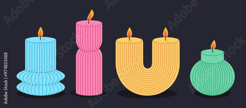 Colorful candles. Burning aromatic candles, wax decorative candles, home interior decor and aromatherapy flat vector illustration set. Cute aroma candles collection