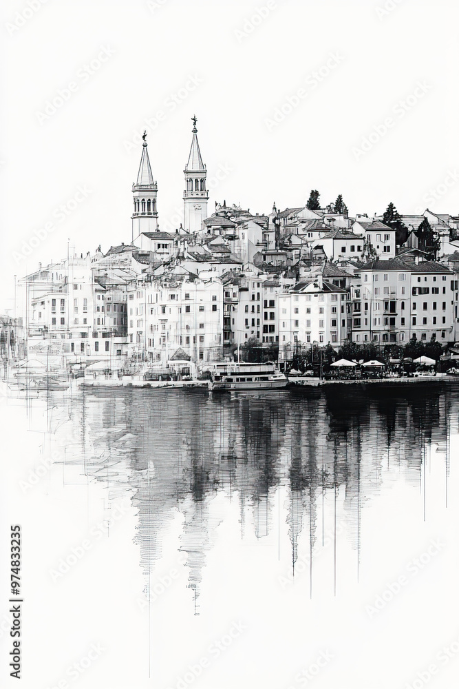 Fototapeta premium Rijeka, Croatia, black and white pen pencil hand-drawn effect portrait drawing illustration for travel poster, card, wallpaper, backdrop or banner. Modern, clear, artistic and simple