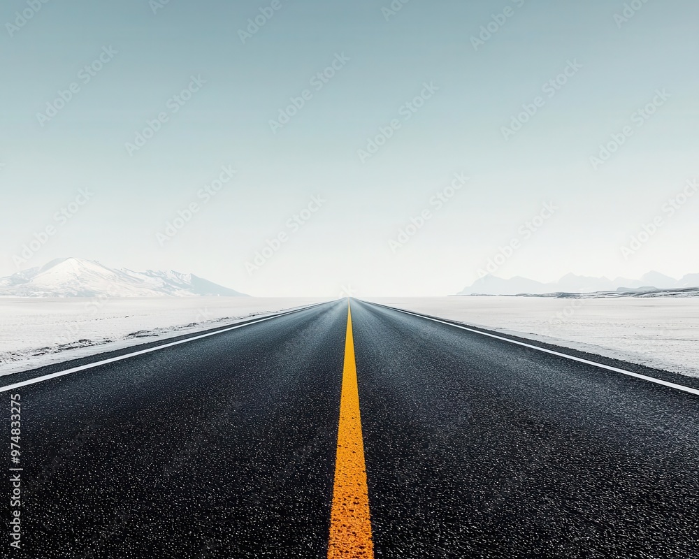 Naklejka premium A stretch of smooth asphalt road through a flat, open plain, with no cars in sight open road, asphalt, smooth surface