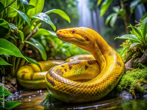 A vibrant yellow anaconda snake slithers through a murky swamp, its scaly body glistening with dew, surrounded by photo