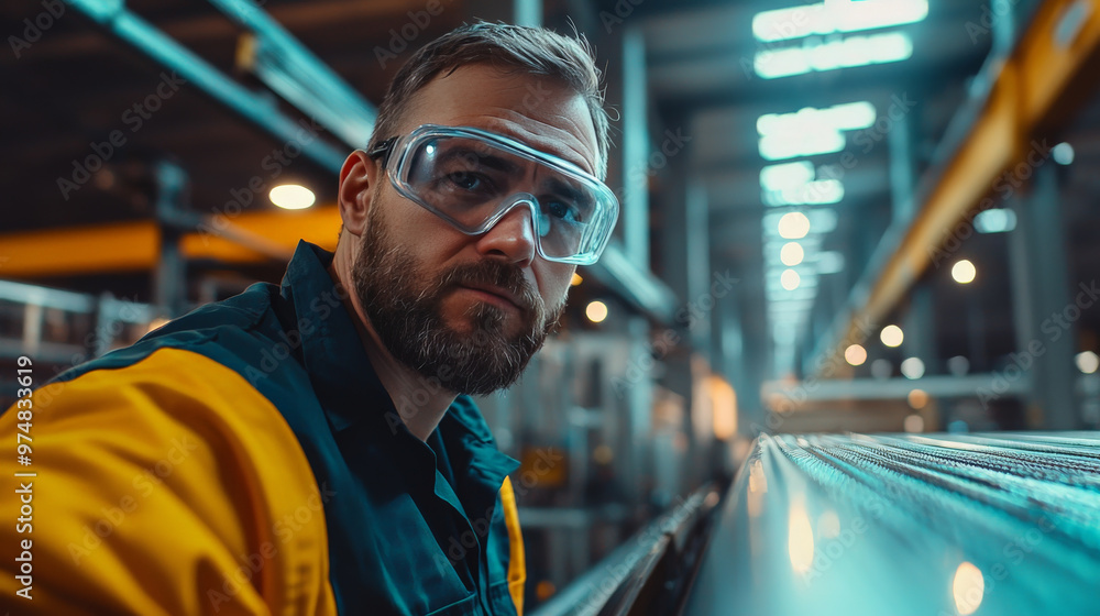 Industrial worker inspecting a conveyor belt, safety goggles on, factory setting with bright lights Industrial worker inspecting a conveyor belt, safety goggles on, factory setting with bright lights