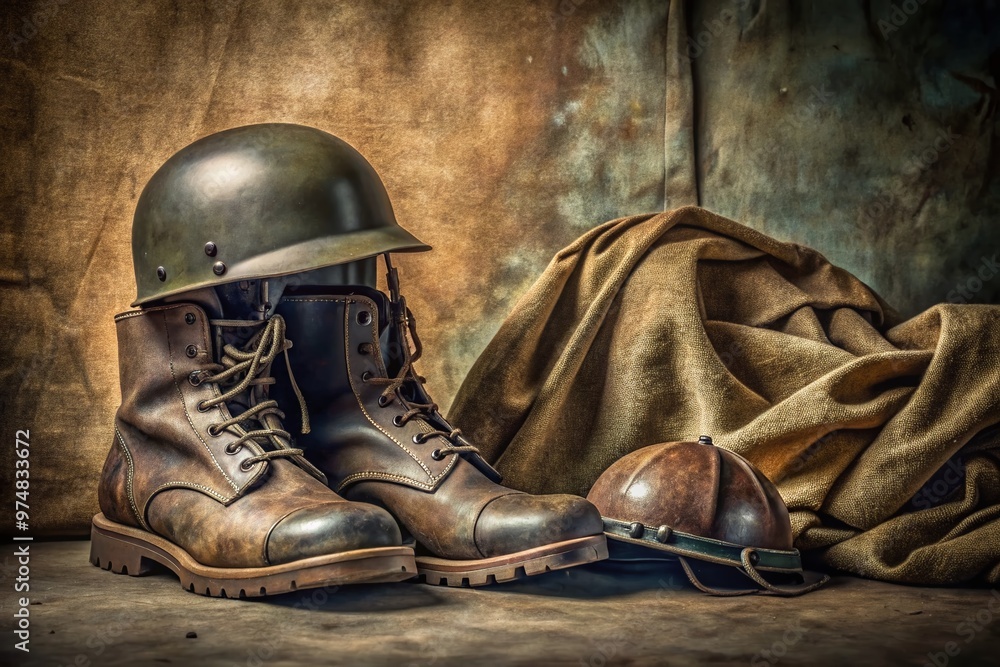 Obraz premium A vintage military helmet and worn leather boots rest on a weathered fabric backdrop, evoking the rugged, muted