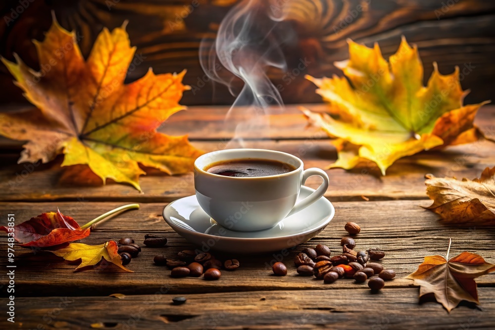 A warm and inviting cup of freshly brewed coffee sits on a rustic wooden table, surrounded by steaming A warm and inviting cup of freshly brewed coffee sits on a rustic wooden table, surrounded by steaming
