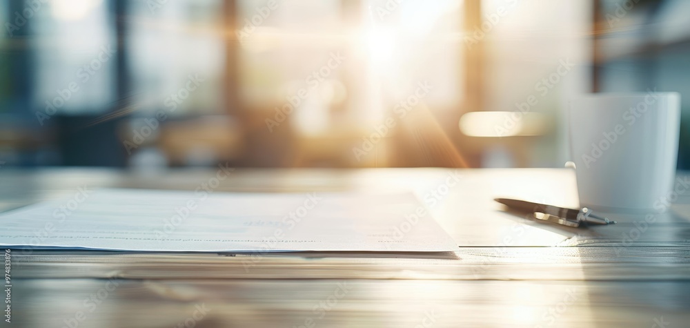 A serene workspace with sunlight illuminating a sheet of paper, a pen, and a coffee cup, perfect for creative inspiration. A serene workspace with sunlight illuminating a sheet of paper, a pen, and a coffee cup, perfect for creative inspiration.