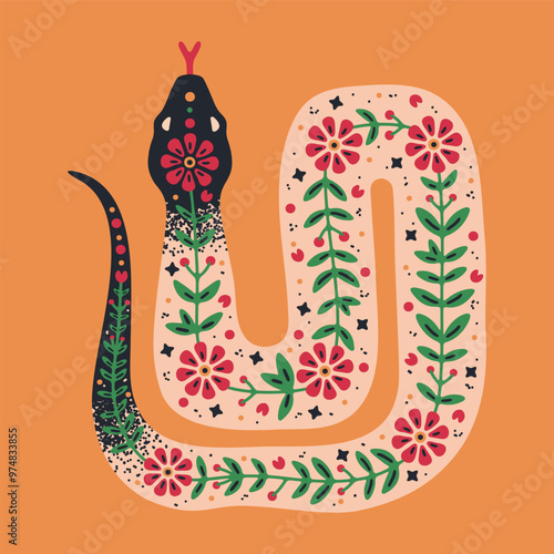 Hand drawn snake. Colorful Chinese New Year snake zodiac sign, poisonous ornamental snake flat vector illustration. Snake with flower pattern