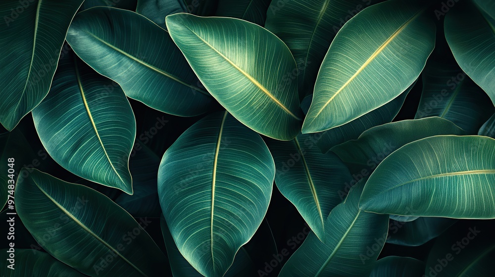 Obraz premium Close-up of tropical green leaves with visible veins.