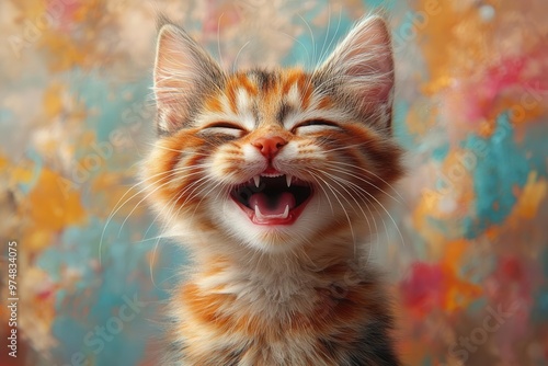 whimsical feline portrait a jovial cat with vibrant fur laughing heartily against a pastel backdrop twinkling eyes wide grin and exaggerated expressions capture pure feline joy