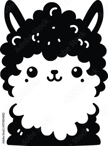 Cute Cuddly Alpaca Black and White Illustration