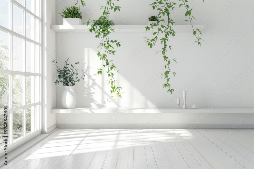 Fototapeta premium A minimalist interior space with a single plant suspended from the ceiling