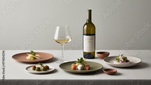 Elegant White Wine Tasting Setup with Gourmet Appetizers on Sophisticated Table Setting with Modern Tableware
