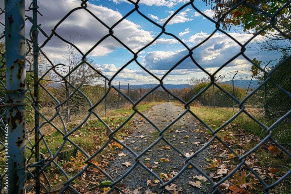 A view of a dirt road passing through a chain link fence, suitable for use in stories about isolation, confinement or restricted access A view of a dirt road passing through a chain link fence, suitable for use in stories about isolation, confinement or restricted access