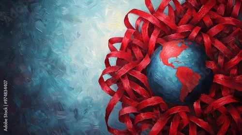 An abstract painting of Earth encircled by bold red ribbons, symbolizing tension, unity, or global WorldAIDSDay photo