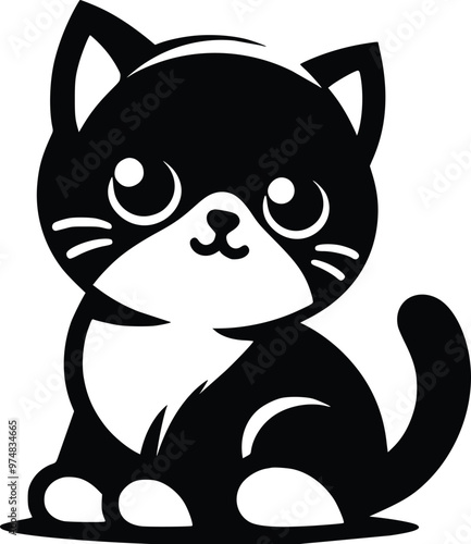 Cute Cuddly Kitten Black and White Illustration