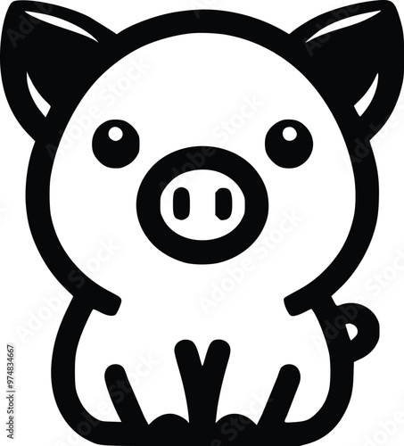 Cute Cuddly Pig Black and White Illustration