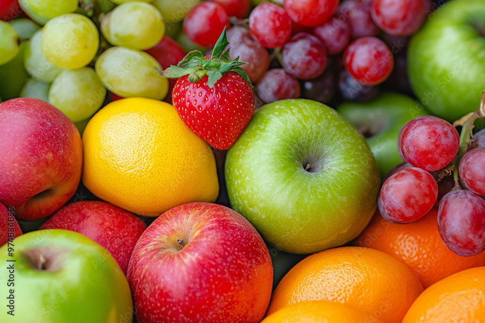 A vibrant collection of fresh fruits featuring apples, grapes, oranges, lemons, and strawberries arranged together. A vibrant collection of fresh fruits featuring apples, grapes, oranges, lemons, and strawberries arranged together.