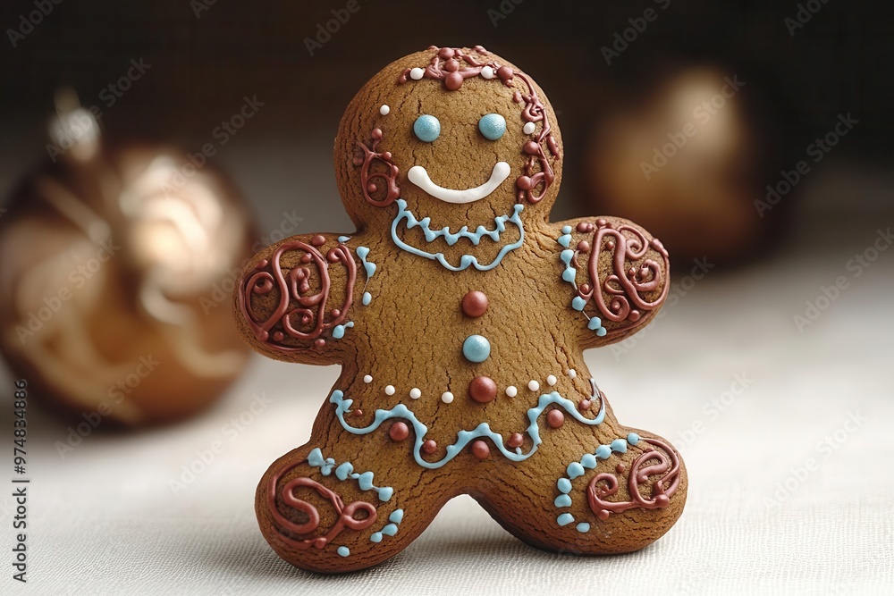 whimsical gingerbread man intricately decorated cookie figure rich brown tones colorful icing details isolated on clean background emphasizing festive charm and nostalgic holiday traditions